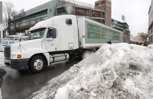 The Boston Red Sox equipment truck passed a huge snowbank as it left Fenway Park last week en route to spring training camp in Florida.