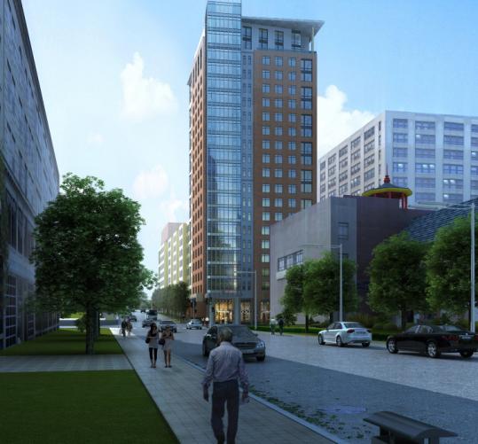 A 20-story tower at Hudson and Kneeland streets will include 295 apartments and 50 condominiums.