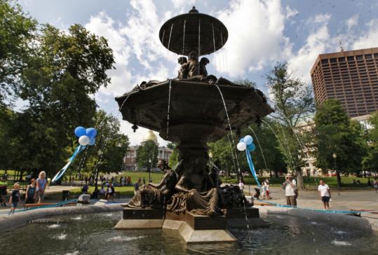 Water flowed from the reopened Brewer Fountain on the Boston Common on May 25 last year. It cost $640,000 to repair the fountain, which had been dry for about a decade.