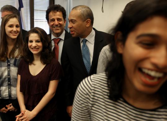 Governor Deval Patrick visited with students at the University of Haifa yesterday, including Laura Oestreicher - 539w