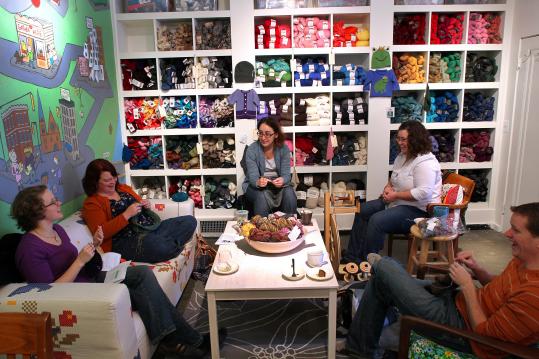 Gather Here, a 'stitch lounge'' in Cambridge, hosts a knitting brunch.