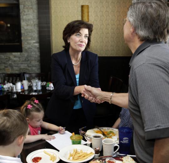 Democrat Kathy Hochul, thanking customers in a restaurant yesterday, won a special congressional election Tuesday in what had been a GOP stronghold in western New York.
