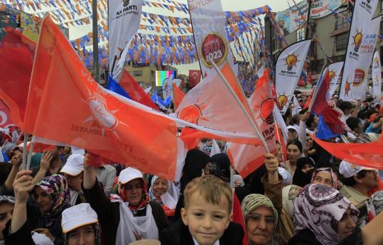 Supporters of Prime Minister Recep Tayyip Erdogan (below) cheer during an election rally in Istanbul.