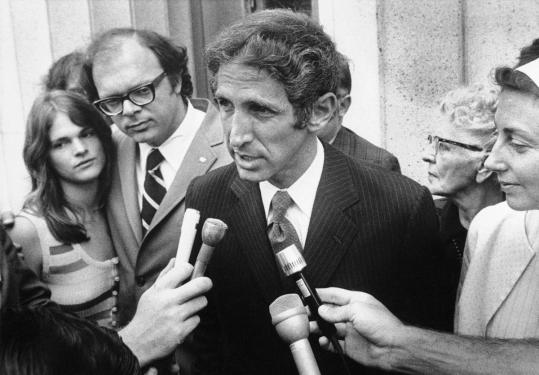 Pentagon Papers whistle-blower Daniel Ellsberg talked to reporters in Los Angeles during a recess in his 1972 trial.