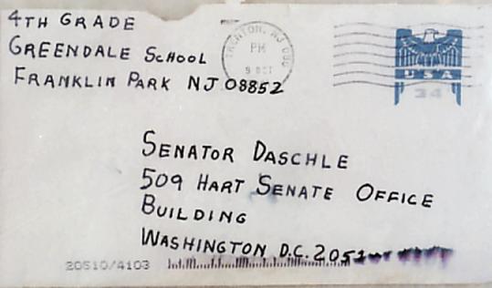 An envelope containing the anthrax-laced letter that was sent to then- Senate Majority Leader Tom Daschle in 2001.