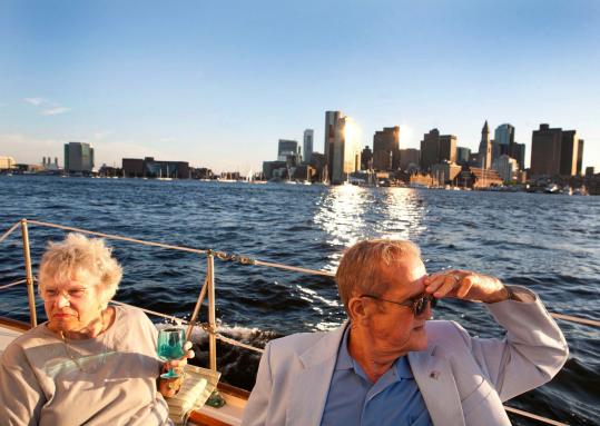 Barbara Alderman and Richard Rakip enjoyed the weather during a recent sunset wine tasting cruise.