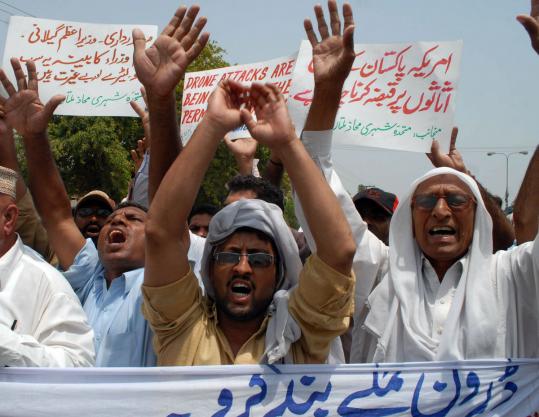 Pakistani demonstrators in Multan chanted slogans last week to condemn US drone attacks. An estimated 42 militants were reportedly killed in four US missile attacks after that protest.
