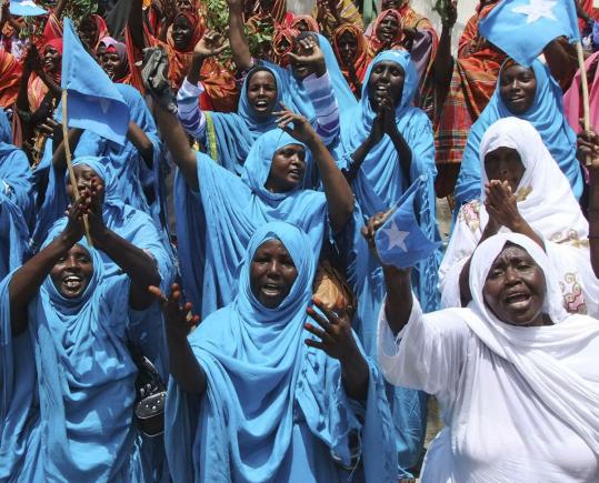 Thousands of Somalis rallied in Mogadishu yesterday over the withdrawal from the city of Al Shabab militants. “We pray they will not come back,’’ said demonstrator Makay Aden.