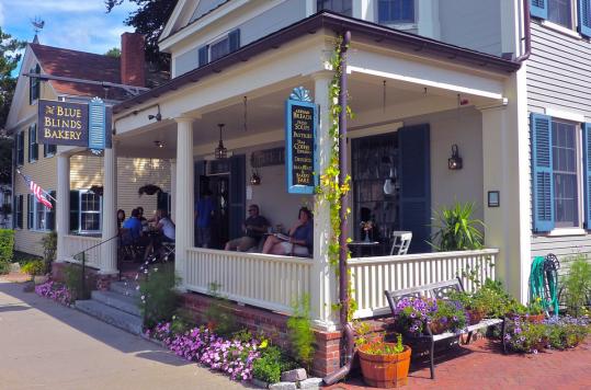 Blue Blinds Bakery offers outside seating on its porch and two fireplaces inside in wintertime.