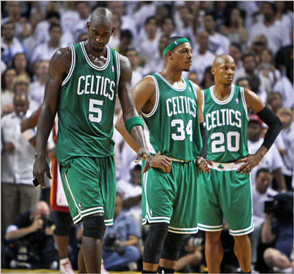 Kevin Garnett, Paul Pierce and Ray Allen are pictured on the court near the end of the game.