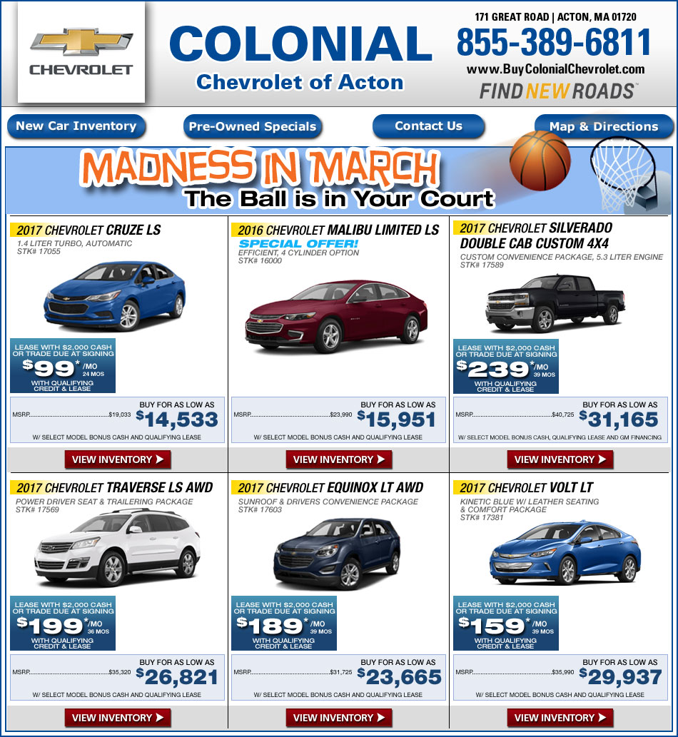 Colonial Chevrolet of Acton New Car Offers Online. Deals West of Boston.