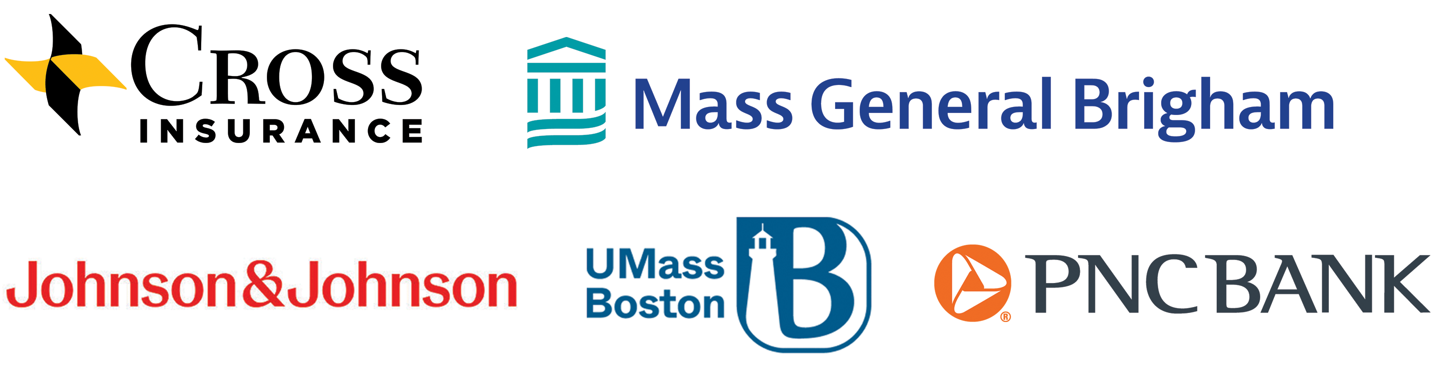 Cross Insurance, Mass General Brigham, Johnson & Johnson, PNC, and UMass Boston logos
