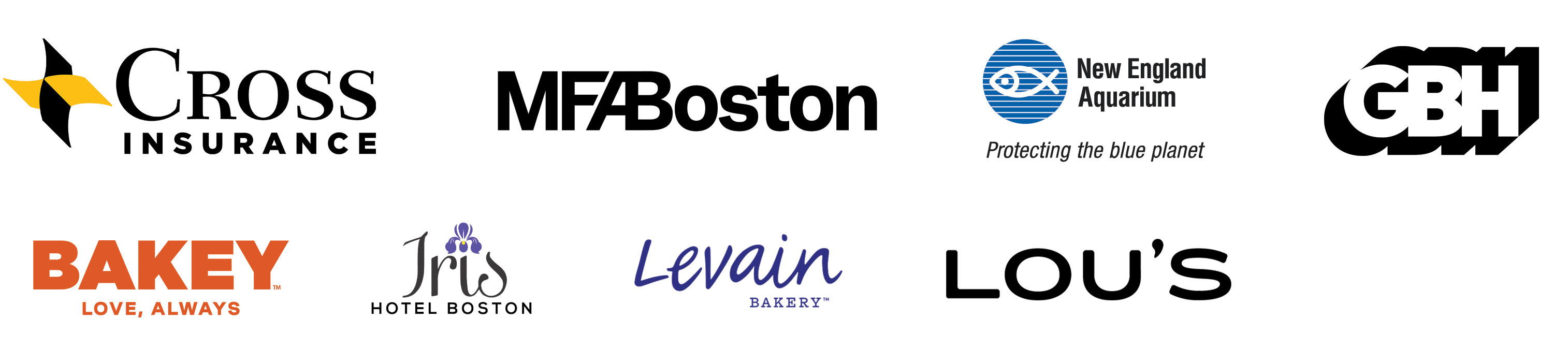 Cross Insurance, MFABoston, New England Aquarium, GBH, Bakey, Iris Hotel, Levain and Lou's logos
