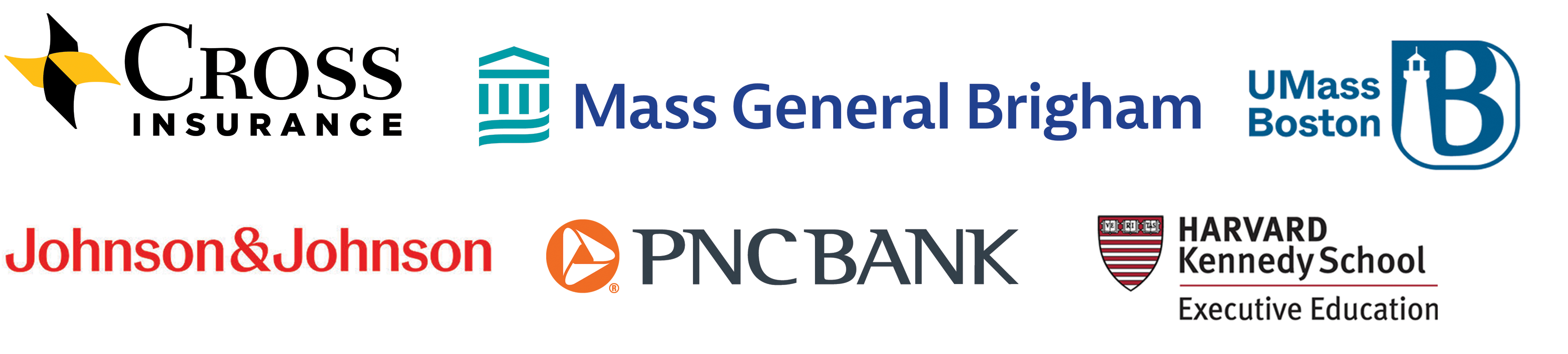 Cross Insurance, Mass General Brigham, Johnson & Johnson, PNC Bank, UMass Boston, and Harvard Kennedy School logos