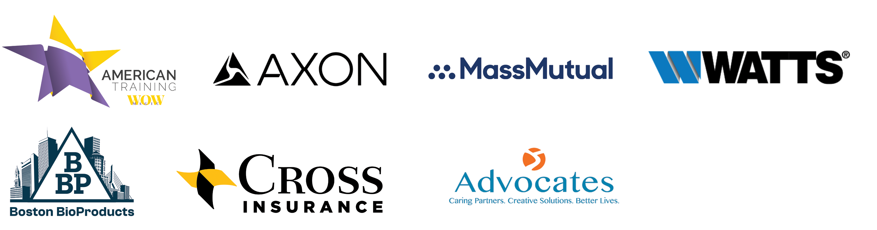 American Training, Axon, MassMutual, Watts, BBP, Cross Insurance and Advocates logos