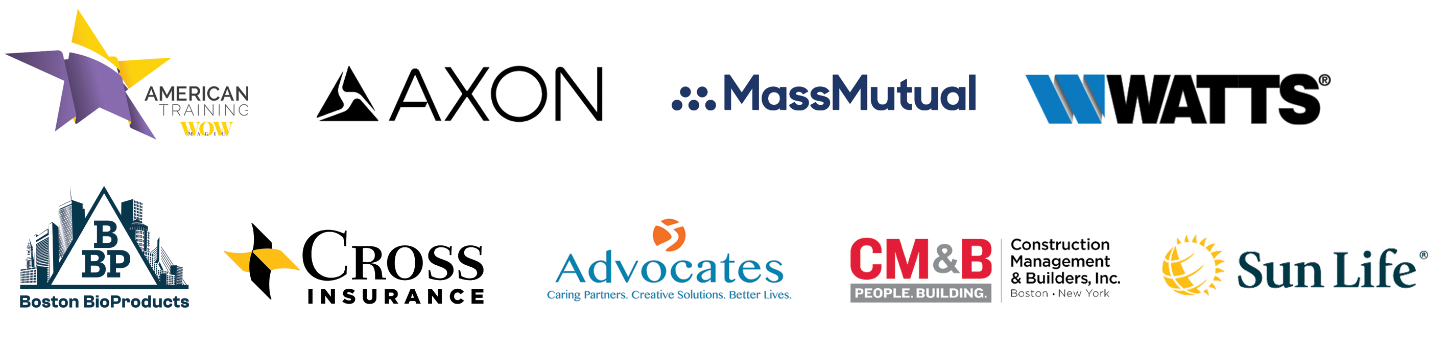 American Training, Axon, MassMutual, Watts, BBP, Cross Insurance, Advocates, CM&B, Sunlife logos