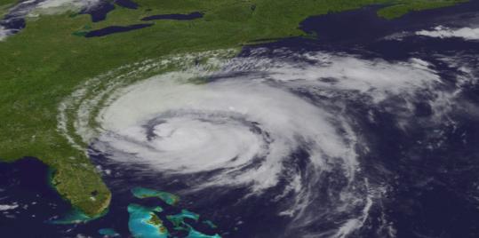 A satellite image taken at 5:45 p.m. yesterday showed Hurricane Irene as it moved northward along the East Coast. Rain from the storm should arrive late tonight.
