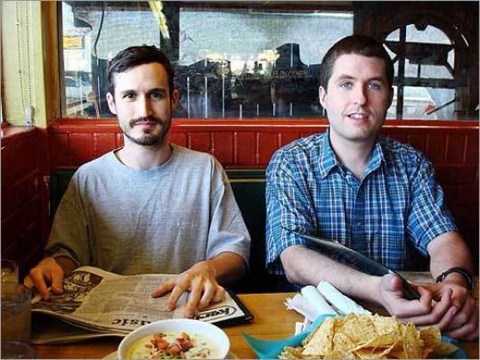 Somerville resident Jeff Deck (right) shown in a diner in Austin, Texas with his friend Benjamin Herson.